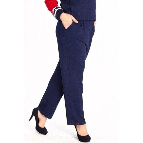 ST JOHN NAVY SANTANA KNIT POCKETS STRAIGHT LEG PANTS SZ 8 - Picture 1 of 3